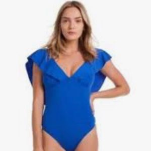 Like new Stunning Trina Turk v neck one piece blue just gorgeous 8 vneck ruffle.